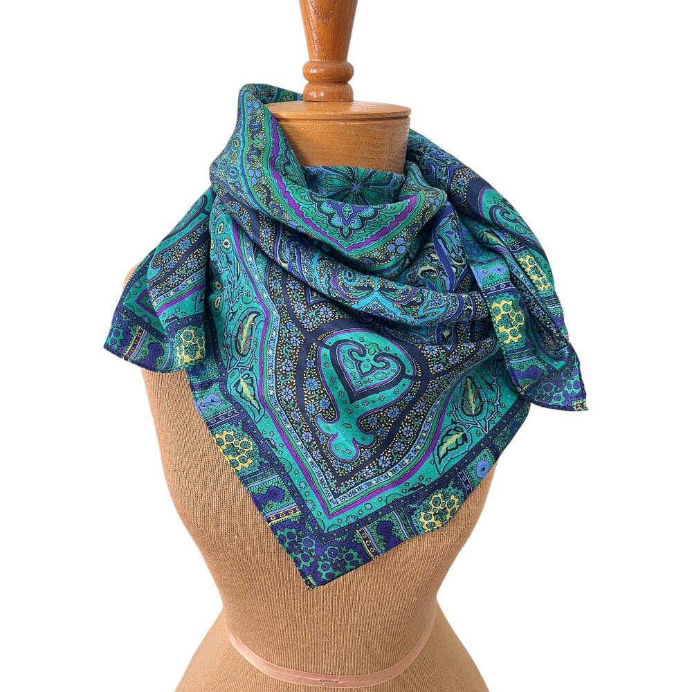 Vintage paisley silk scarf jewel tones 31x31 boho statement ethnic luxe